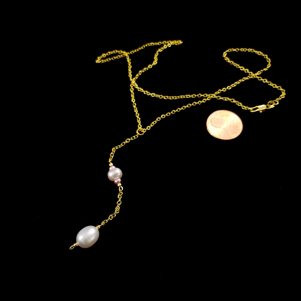 Y necklace real pearls drop pendant genuine pearls 18k GP chain white cream - Picture 4 of 13